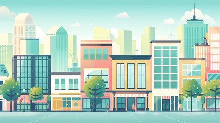 Fototapeta premium Colorful Urban Cityscape Illustration with Modern Buildings, Trees, and People Walking in the Street