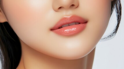 Obraz premium A beautiful, natural lip with a glossy finish, showcasing soft and healthy skin tones for makeup inspiration.