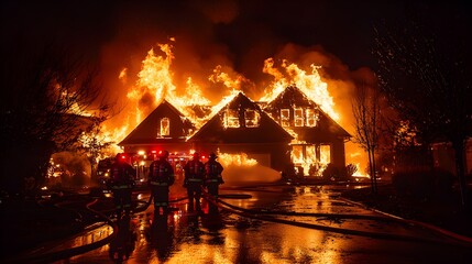 Intense blaze consuming a suburban home, firefighters battling the fire as flames engulf the roof, night scene for insurance documentation