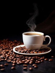 International Coffee Day. White coffee cup stock image. White coffee cup on dark background. Cup of coffee with coffee beans. Coffee Day poster, October 1. with generative ai