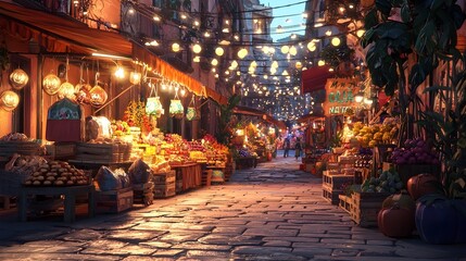 Obraz premium Vibrant Night Market with Colorful Stalls Lanterns and Bustling Atmosphere
