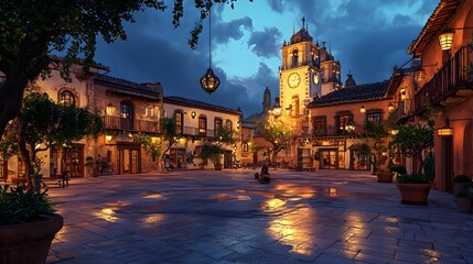 Fototapeta premium Enchanting Historic Town Center with Illuminated Clock Tower at Night