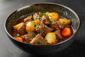 A bowl of Italian beef stew with carrots and potatoes