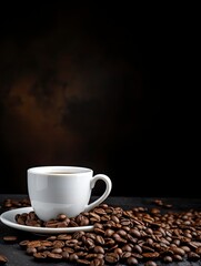 Fototapeta premium International Coffee Day. White coffee cup stock image. White coffee cup on dark background. Cup of coffee with coffee beans. Coffee Day poster, October 1. with generative ai