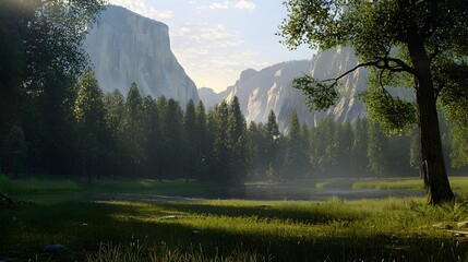 Obraz premium Stunning Landscape with Majestic Mountains and Serene Lake in Lush Forest
