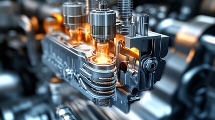Naklejka premium Close-up of a metallic, intricate engine component, showcasing gears and pistons under lighting that highlights its precision and engineering complexity.