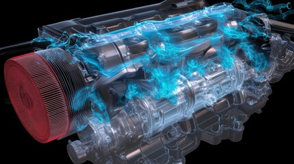 A high-tech digital illustration of an internal combustion engine, showcasing the flow of air or coolant through its components in bright blue.