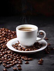 Obraz premium International Coffee Day. White coffee cup stock image. White coffee cup on dark background. Cup of coffee with coffee beans. Coffee Day poster, October 1. with generative ai