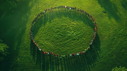 Aerial view of a large group of people forming a circle on green grass, symbolizing unity and togetherness in nature.