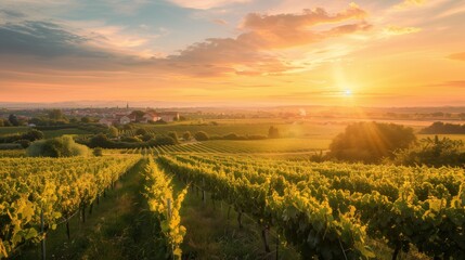 Beautiful Vineyard Landscape at Sunset with Warm Sunlight Over Rolling Hills