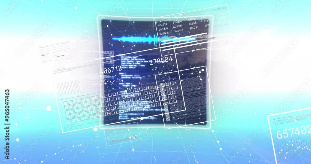 Aufkleber animation of digital data processing on screens over blue background