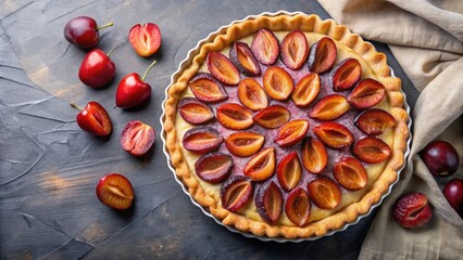 Almond pie dough topped with fresh plums, almond, pie, plums, fruits, baking, dessert, sweet, homemade, fresh, rustic