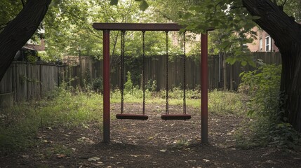A swing set abandoned in a playground, the swings gently moving in the wind, [lost innocence], [forgotten joy]