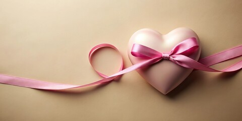 Stylized heart with wrapped pink ribbon on beige background, heart, stylized, pink, ribbon, wrapped, beige