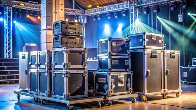 Flightcase stacked with concert music and video equipment behind stage , flightcase, concert, music, video, equipment, stacked