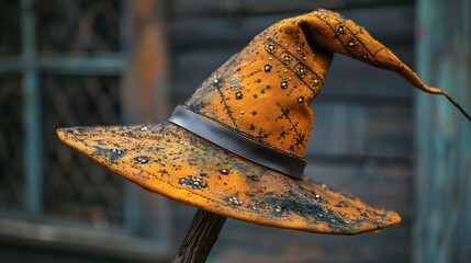 A witch's hat perched on a broomstick, with mystical symbols etched into the brim