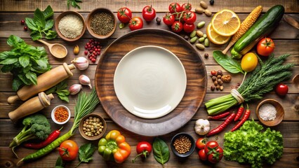 Ingredients for a healthy and eco-friendly recipe displayed on a wooden table, with space in the center for a plate , organic