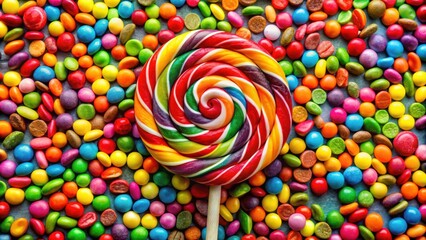 Colorful lollipop on stick surrounded by multicolored confectionery, rainbow, sweet, candy, round, fruit, caramel, colorful, stick