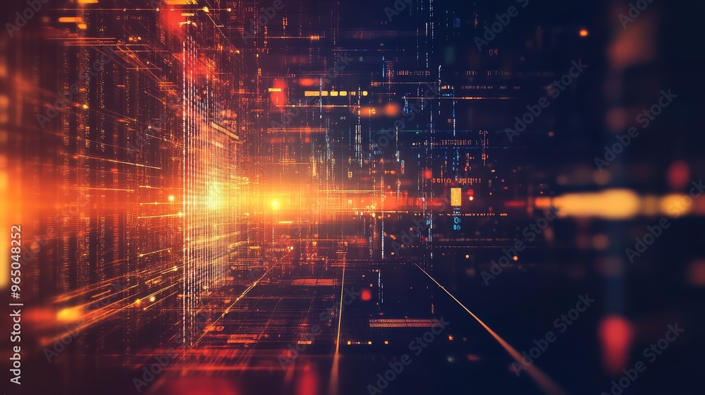 Poster abstract digital cityscape with glowing lines and data