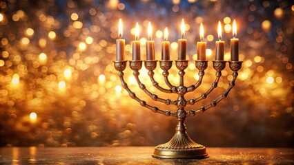 Elegant menorah with lit candles on a festive bokeh background, menorah, elegant, candles, festive, bokeh