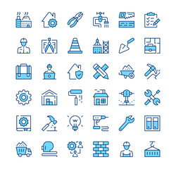 Construction icons. Outline symbols. Vector blue line icons set