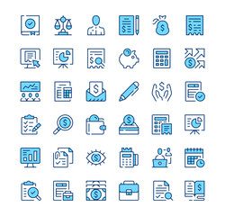 Accounting icons. Outline symbols. Vector blue line icons set