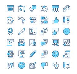 Testimonials icons. Outline symbols. Vector blue line icons set