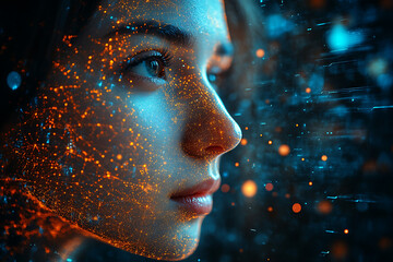 A digital illustration of an AI robot head with glowing blue eyes and circuit patterns on the skin, set against a dark background