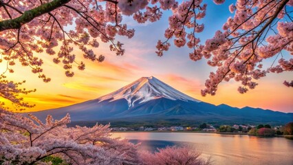 Sunrise view of cherry blossoms in full bloom with Mount Fuji in the background in Shizuoka, Japan, Cherry blossoms