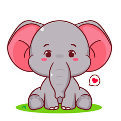 Cute elephant sitting on grass cartoon vector. Adorable and kawaii animal concept design. Mascot, icon, logo illustration. Isolated white background
