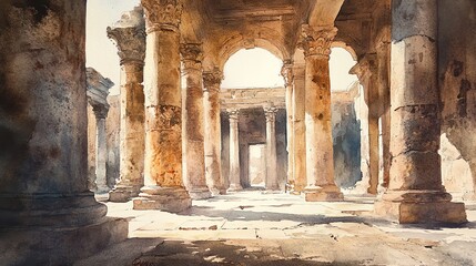 Watercolor Painting of Ancient Ruins with Columns and Arched Entrance