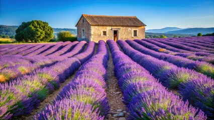 Blooming lavender fields in Provence with traditional French house, lavender, Provence, France, summer, blooming