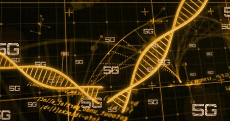 Animation of 5g text, digital data processing and dna strands on black background - Powered by Adobe