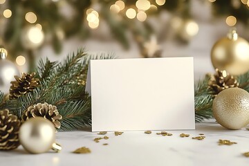 A mockup of an A5 card on a table, with a white background. Christmas decorations in gold and beige tones surround it, including pine branches with pine cones and ornaments