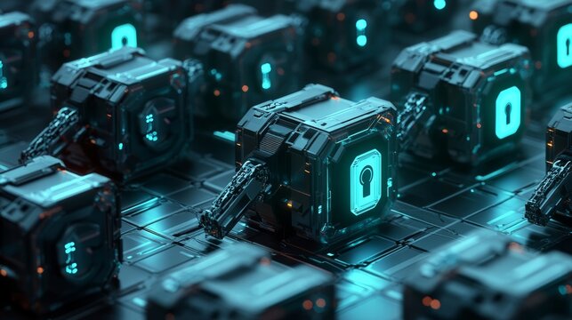 A futuristic array of glowing, metallic lockboxes linked by robotic arms on a sleek, high-tech surface, suggesting advanced security or data storage.
