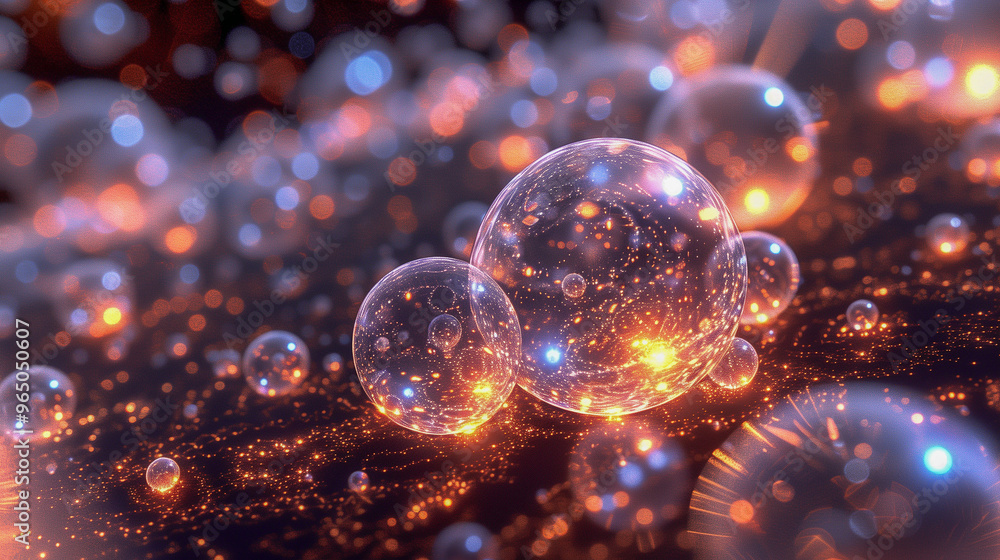 Poster abstract floating bubbles with glowing light particles