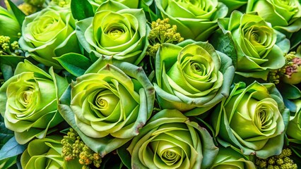 A dazzling bouquet of green roses unfurls, boasting intricate petals and lush foliage in a stunning symphony of