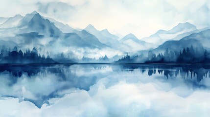 Abstract watercolor painting of a mountain range reflected in a lake.