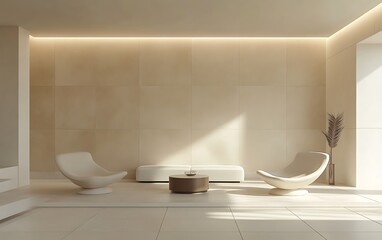 Minimalist Living Room with Ceramic Wall, Sleek Furniture, and Ambient Lighting for an Elegant and Uncluttered Design