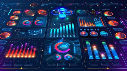 Financial data and virtual interface with charts and graphs, business dashboard for marketing analytics on dark blue background,