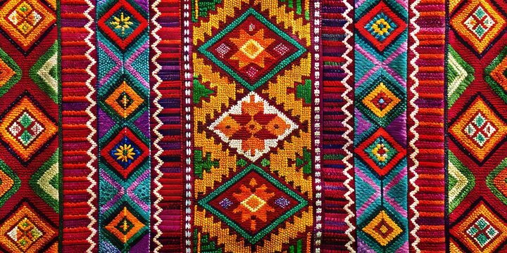 A decorative textile features intricate geometric patterns, rich earthy hues, and symbolic motifs that evoke the