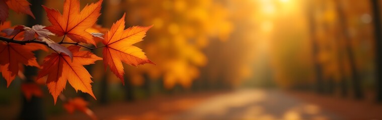 Fototapeta premium Close-up of orange maple leaves in autumn sunlight with a blurred forest background