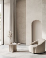 Elegant Modern Living Room with Ceramic Feature Wall, Minimalist Furniture, and Neutral Palette for a Sophisticated Interior