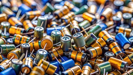Close-up of heap of fixed capacitors in selective focus, capacitors, electronic components, technology