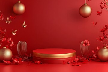 A red podium with golden decoration, in a cartoon style, 3D rendering, simple background