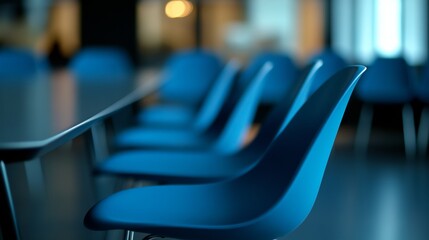 Close-up of blue chairs at the conference table in a modern office room, with a blurred background