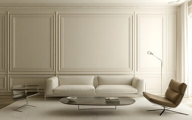 Modern Living Room with Wall Molding, Minimalist Furniture, and Soft Lighting for a Stylish and Functional Design