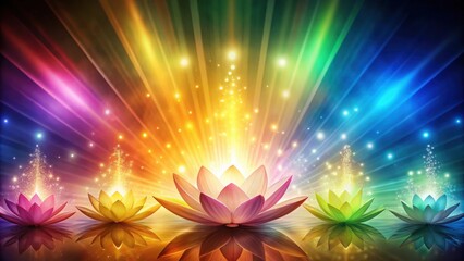 Abstract background with earth tones featuring rainbow lotus flowers and subtle light beams