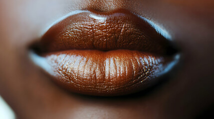 Close-up of full, glossy African lips, rich brown tone with vibrant lipstick, reflecting a soft light, set against a blurred background