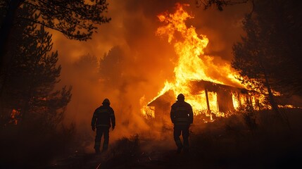 Fototapeta premium Firefighters struggling to control a raging inferno consuming a cabin in the dark forest, bright orange flames illuminating the night, emergency response visual